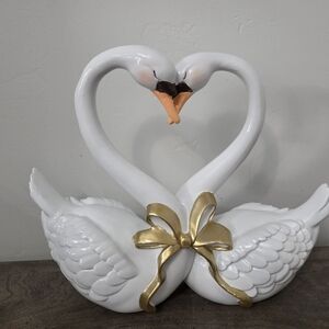 Valentines Day Swan Love Birds With Gold Bow Decor